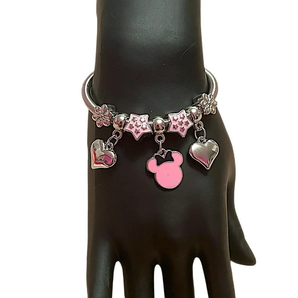 🤯5/$25🤯 Pink Minnie Mouse Heart Stretchy Silver Tone Charm Bracelet